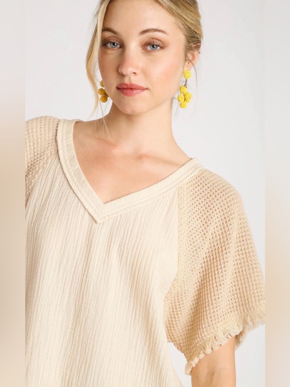 New UMGEE SMALL Cream Fringe V-Neck Knit Sleeve oversized